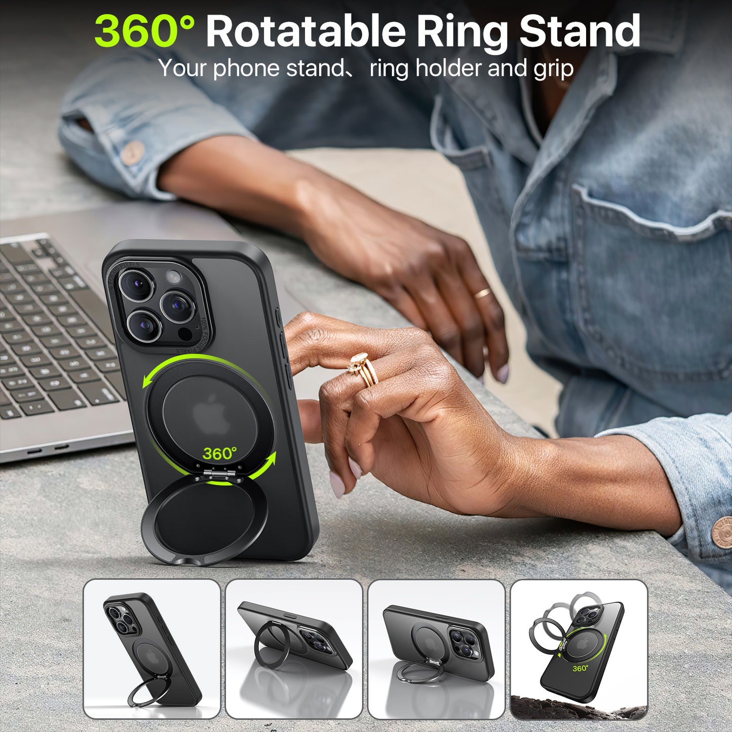 Rotatable Ring Stand Case , Compatible With MagSafe, Raised Camera Frame Kickstand Case