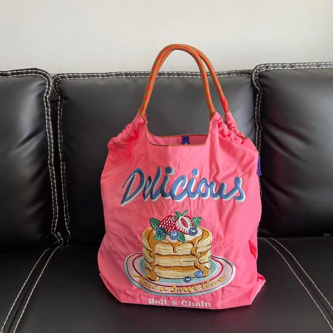 Ball Chain Embroidered Shopping Nylon Tote Bag