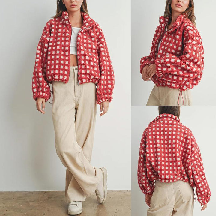 Jovenpara Women Winter Sherpa Fleece Jacket Long Sleeve Zip up Checkered Fuzzy Cropped Coats Warm Outwear with Pockets