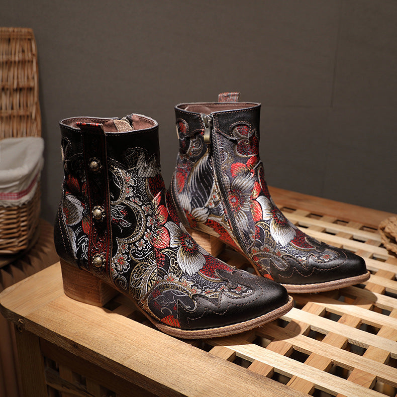 Johnature Court En Peluche Femmes Bottes Zip Patchwork Femmes Chaussures En Cuir  Broderie Tissu Main Cheville Plateforme Bottes