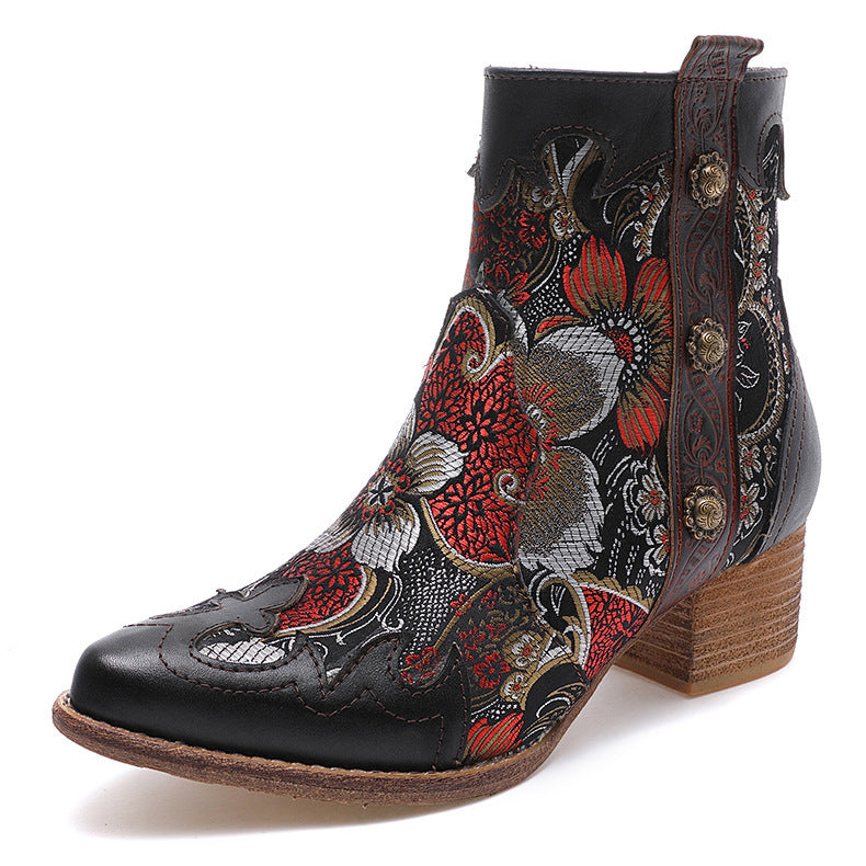 Johnature Court En Peluche Femmes Bottes Zip Patchwork Femmes Chaussures En Cuir  Broderie Tissu Main Cheville Plateforme Bottes