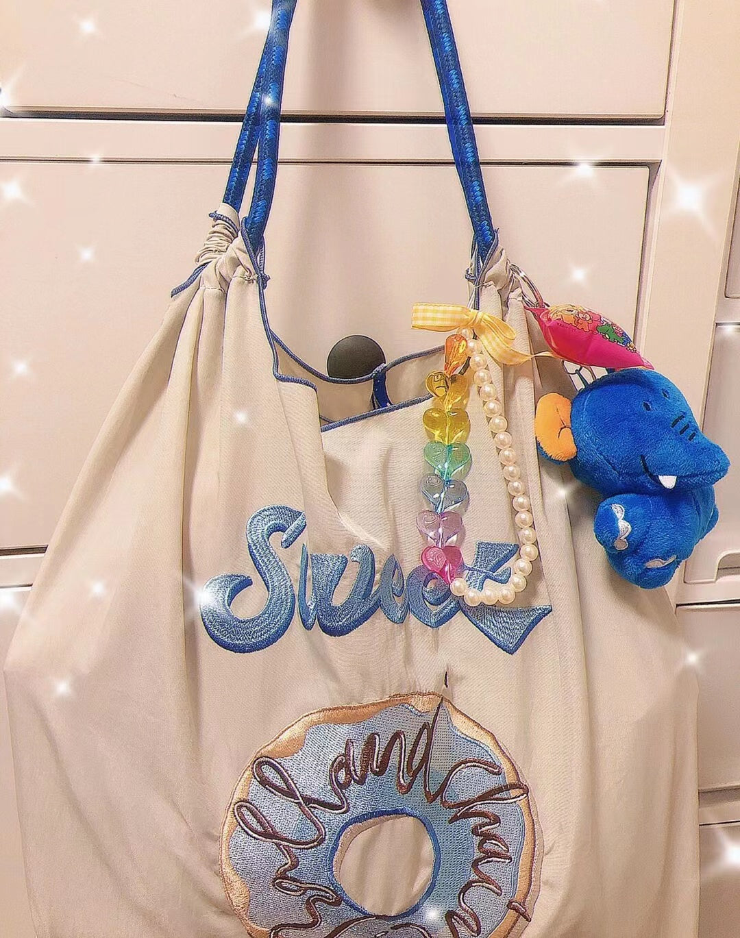 Ball Chain Embroidered Shopping Nylon Tote Bag