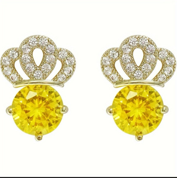 Star K 10k Gold Round 7mm Screw Back Stud Earrings With Crown Top With Embellishment Stone
