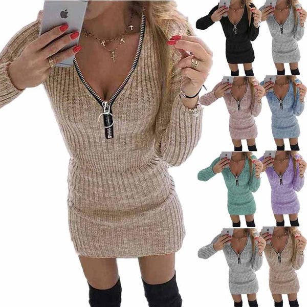 Women's Midi Dresses Autumn Winter New Style Long Sleeve Knitted Wrap Around Waist Zipper Women's Dress