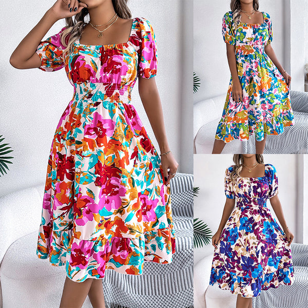 Casual Flower Square Collar Short Sleeve Waist Trimming Ruffles A- Line Dress