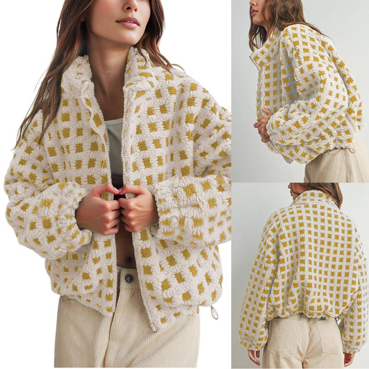 Jovenpara Women Winter Sherpa Fleece Jacket Long Sleeve Zip up Checkered Fuzzy Cropped Coats Warm Outwear with Pockets