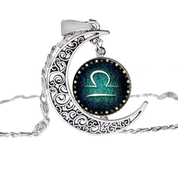 Vintage Jewelry Silver Color with Zodiac Glass Cabochon Choker Crescent Moon Pendant Long Necklace for Women Christmas Gift