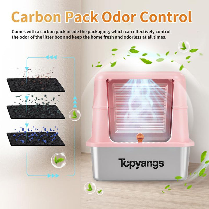 TOPYANS XL Stainless Steel Cat Litter Box with Lid, 20L Metal Enclosed Litter Box for Big Cat, Flip-Top Design with Anti-Leakage High Sides, Large Cat Lovers Gifts, Pink