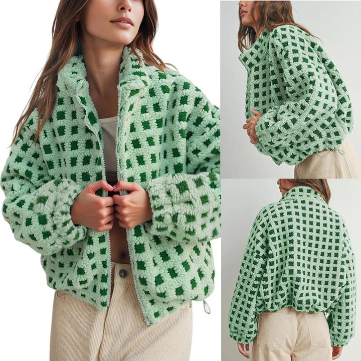 Jovenpara Women Winter Sherpa Fleece Jacket Long Sleeve Zip up Checkered Fuzzy Cropped Coats Warm Outwear with Pockets