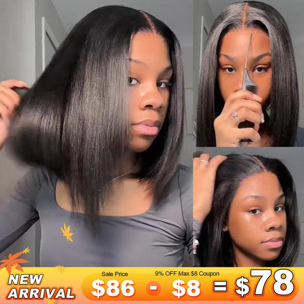 Layered Cut Bob Yaki Straight Wig 9X6 T Part Wear Go Glueless Human Hair Bob Wig Bleached Knots for Women Brazilian Deep Part Lace Glueless Wig