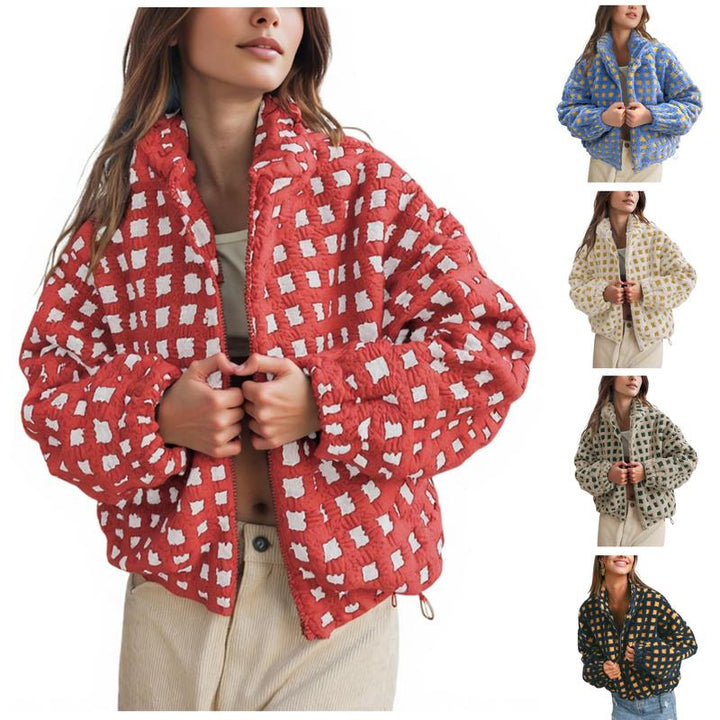 Jovenpara Women Winter Sherpa Fleece Jacket Long Sleeve Zip up Checkered Fuzzy Cropped Coats Warm Outwear with Pockets