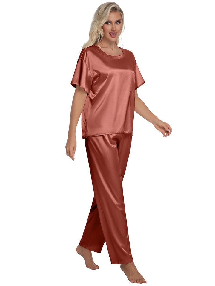 Womens Silk Satin Pajama Set Short Sleeve Shirt with Long Pajamas Pant Set Two-Piece Pj Sets Soft Sleepwear Loungewear Nightwear Pjs S-XL, Caramel, XXL