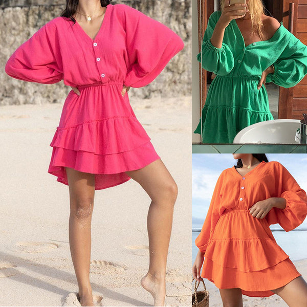 Women's Fashionable Elegant V-neck Batwing Sleeve Cotton And Linen Dress
