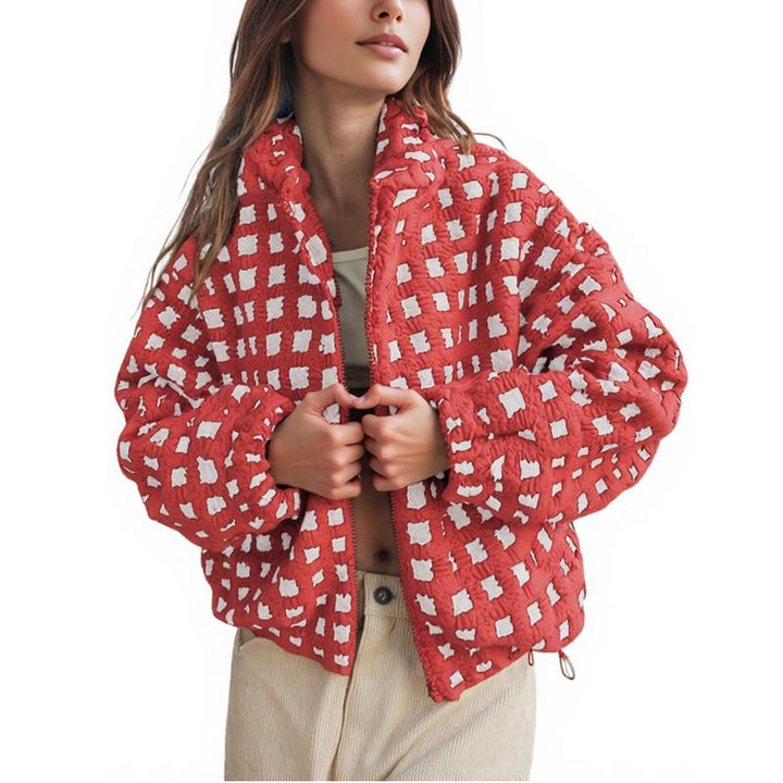 Jovenpara Women Winter Sherpa Fleece Jacket Long Sleeve Zip up Checkered Fuzzy Cropped Coats Warm Outwear with Pockets