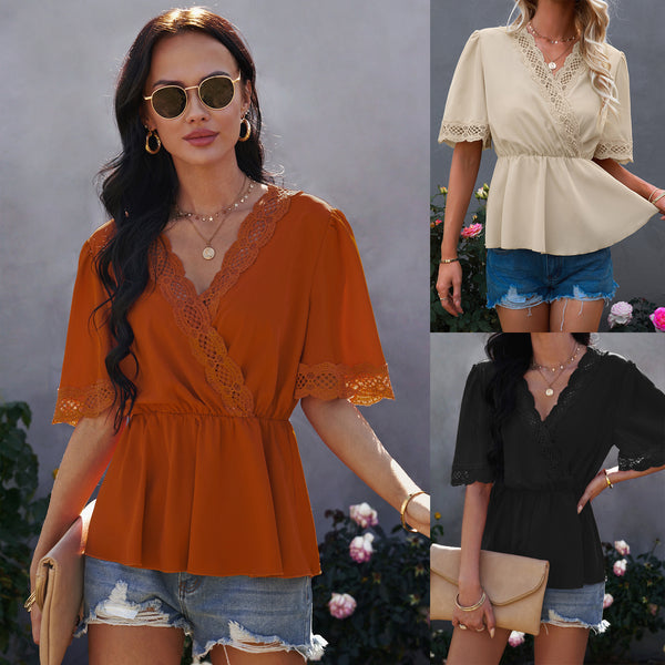European And American Women's V Neck Loose Lace Shirt