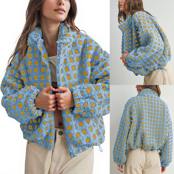 Jovenpara Women Winter Sherpa Fleece Jacket Long Sleeve Zip up Checkered Fuzzy Cropped Coats Warm Outwear with Pockets