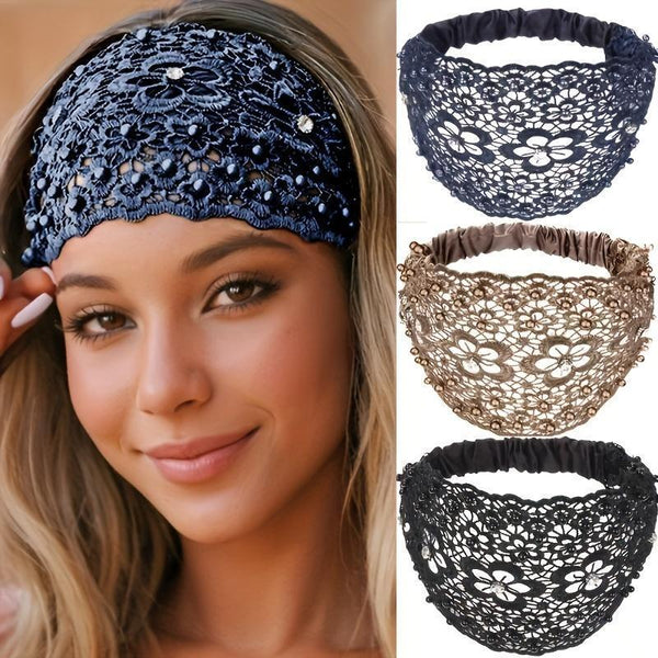 3Pcs Set Elegant Floral Beaded Wide Headbands for Women - Fashionable Hair Accessories, Perfect for Casual Attire