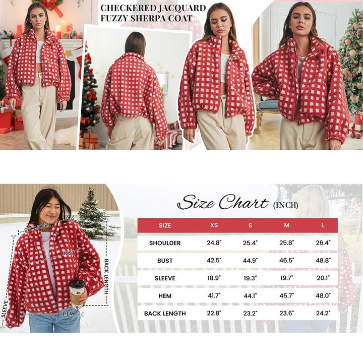 Jovenpara Women Winter Sherpa Fleece Jacket Long Sleeve Zip up Checkered Fuzzy Cropped Coats Warm Outwear with Pockets