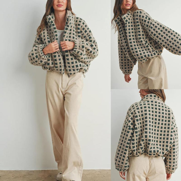 Jovenpara Women Winter Sherpa Fleece Jacket Long Sleeve Zip up Checkered Fuzzy Cropped Coats Warm Outwear with Pockets